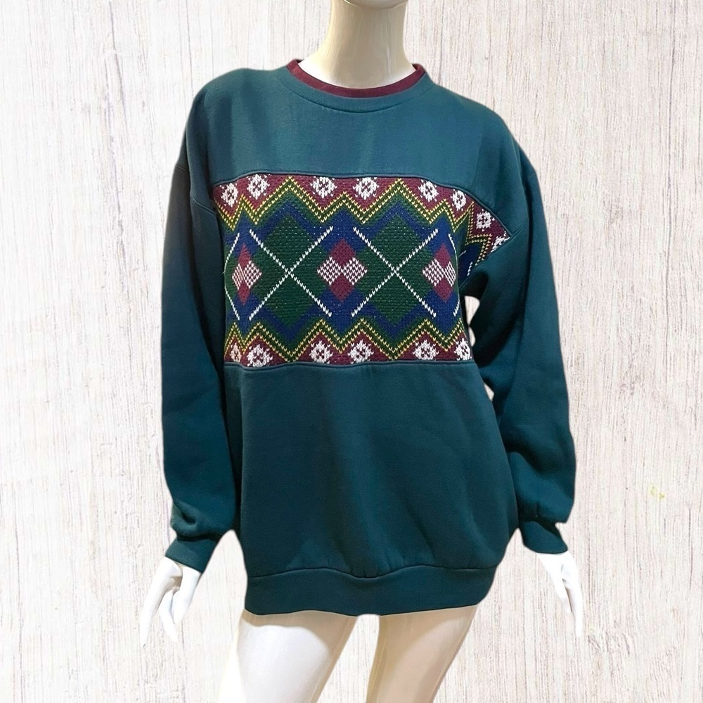 Vintage 90s Green Argyle Crewneck Pullover Sweatshirt 2X